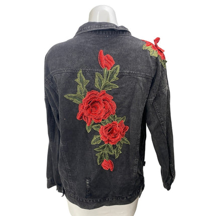 Vera & Lucy Black Floral Embroidered Button Down Distressed Denim Jeans Jacket M