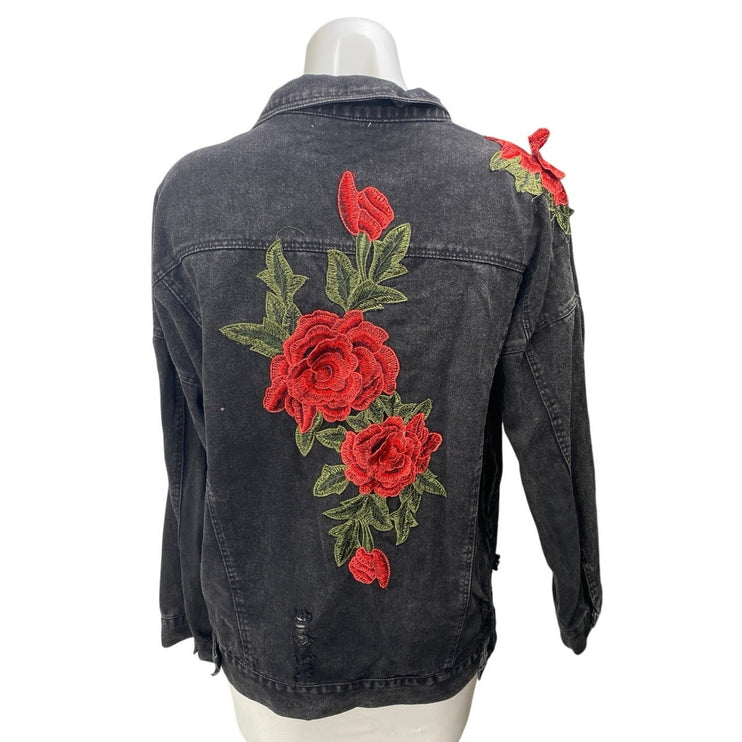 Vera & Lucy Black Floral Embroidered Button Down Distressed Denim Jeans Jacket M