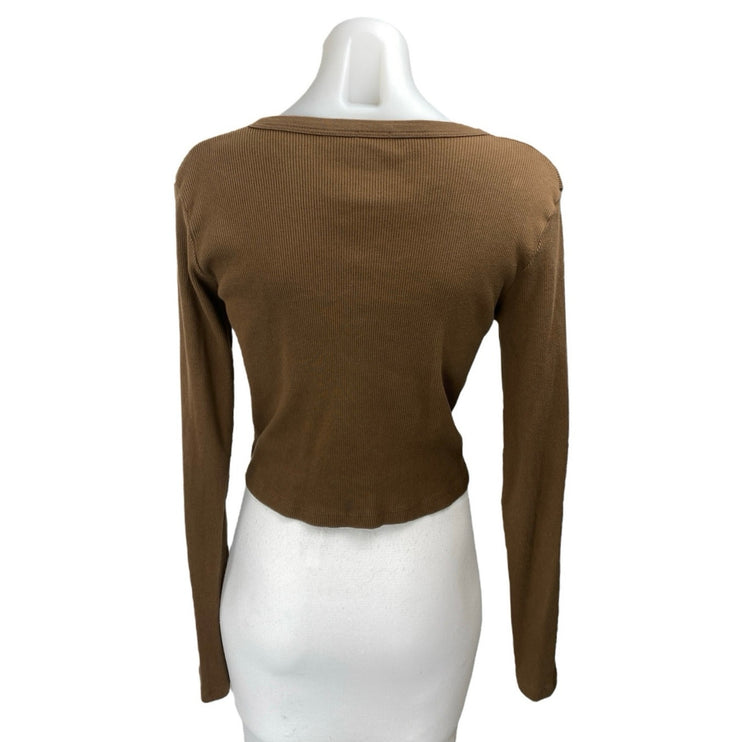 Brandy Melville Brown Rib Knit Long Sleeve Button Crop Cardigan Sweater Top Sz S