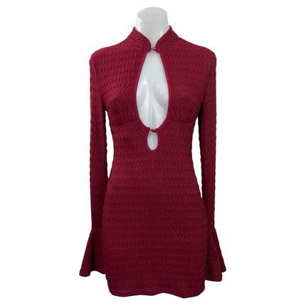 NEW Missguided Red Textured Cutout Long Bell Sleeve Mock Mini A Line Dress XS