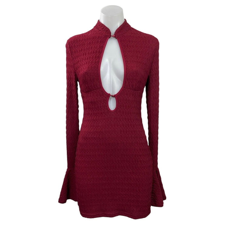 NEW Missguided Red Textured Cutout Long Bell Sleeve Mock Mini A Line Dress XS