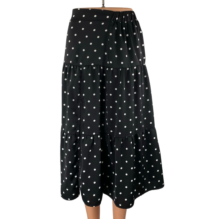 Commense Black Polka Dots High Waist Pull On A Line Tiered Midi Skirt Size XS