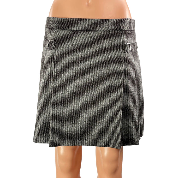 MNG Mango Women's Black Gray Buckle High Waist Pleated A Line Mini Skirt Size M