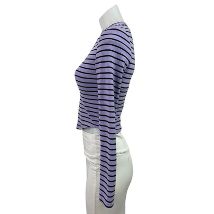 Cider Purple Black Stripe Crew Neck Long Sleeve Casual Crop Tee T-Shirt Top Sz S