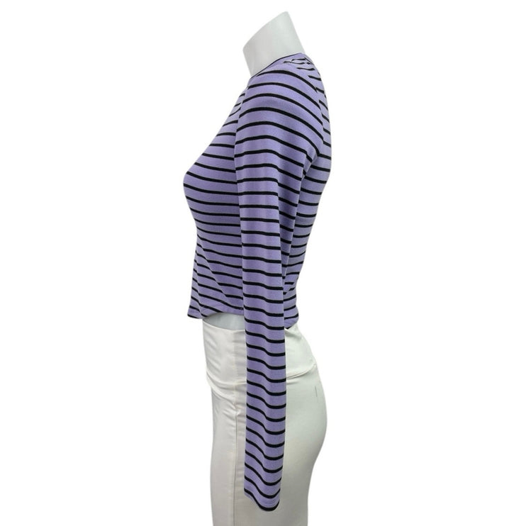 Cider Purple Black Stripe Crew Neck Long Sleeve Casual Crop Tee T-Shirt Top Sz S