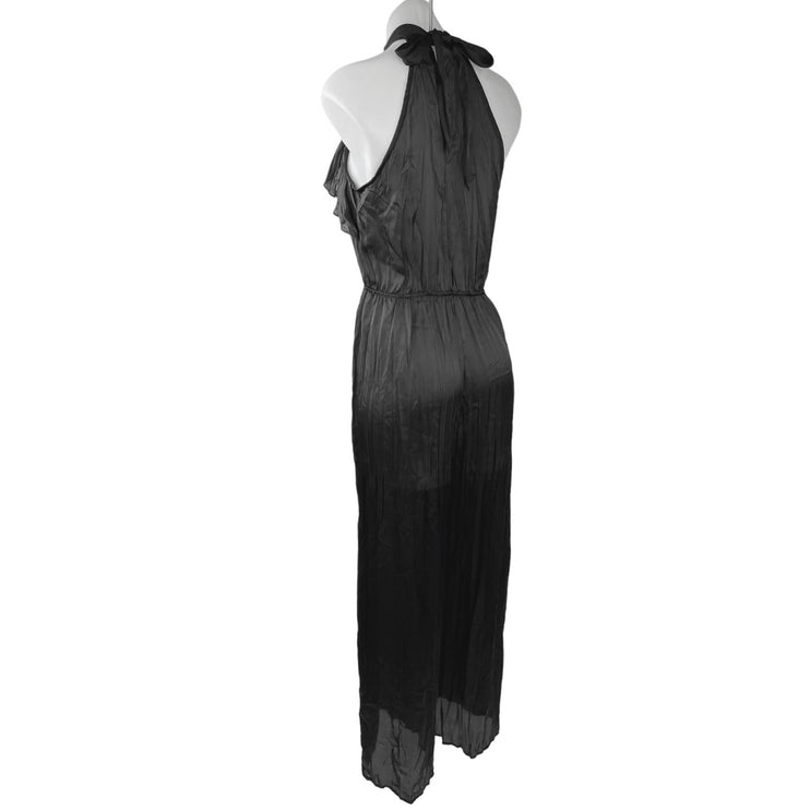 Zara Black Silky Satin High Neck Ruffle Sleeveless Straight Jumpsuit Size S