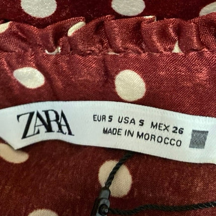 Zara Red Silky Satin Polka Dot Twist Front Long Sleeve Mini Shirt Dress Size S