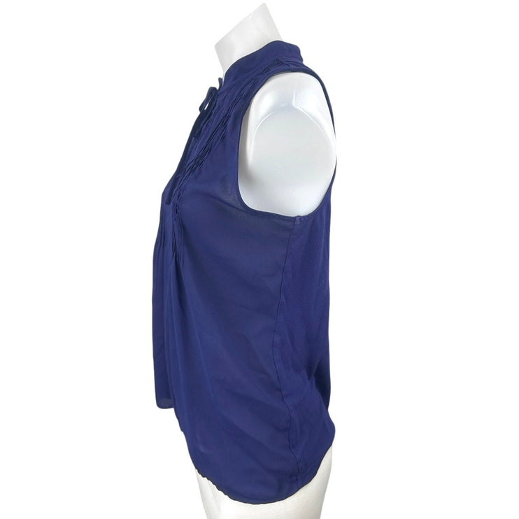 Loft Shirred Mixed Media Shell Womens Blue Sleeveless Tie Neck Tank Blouse Top M