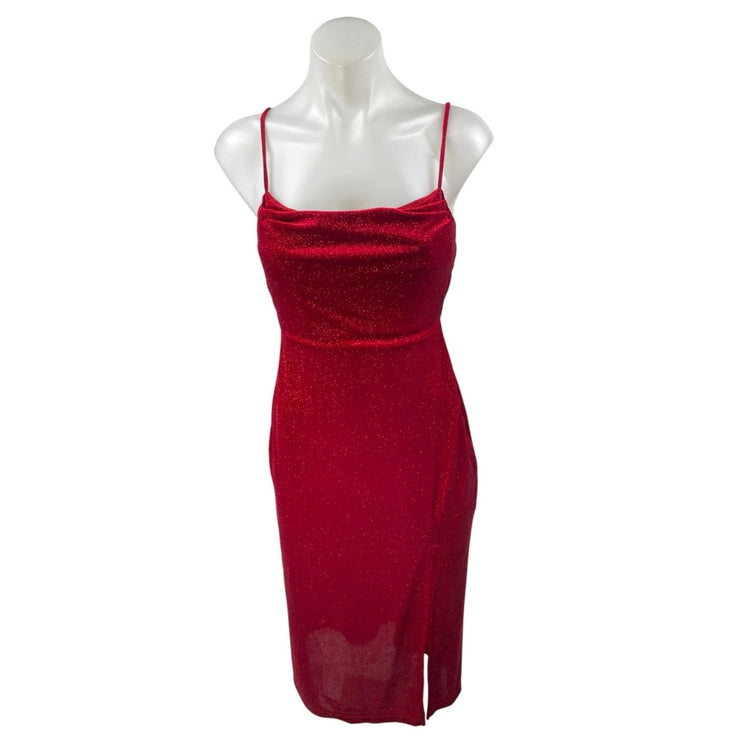 NEW Windsor Red Sleeveless Cowl Neck Glitter Cami Slit Tank Slip Midi Dress S