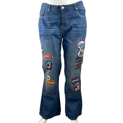 boohooMAN Mens Blus Patchworks Applique Carpenter Flared Denim Jeans Pants Sz 42