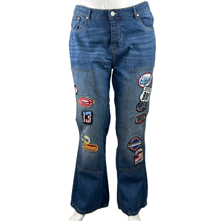 boohooMAN Mens Blus Patchworks Applique Carpenter Flared Denim Jeans Pants Sz 42