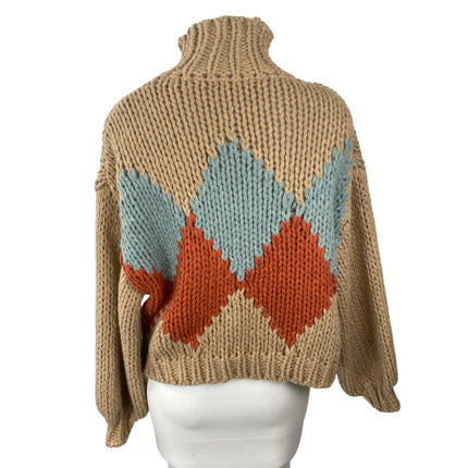 Little Lies Women's Tan Argyle Turtleneck Long Sleeve Knit Sweater Top Size S/M