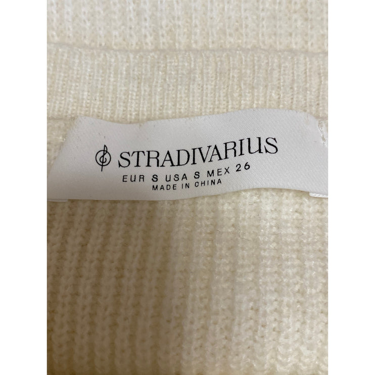 Stradivarius Women's Cream Long Sleeve Ribbed Knit Button Up Cardigan Sweater S