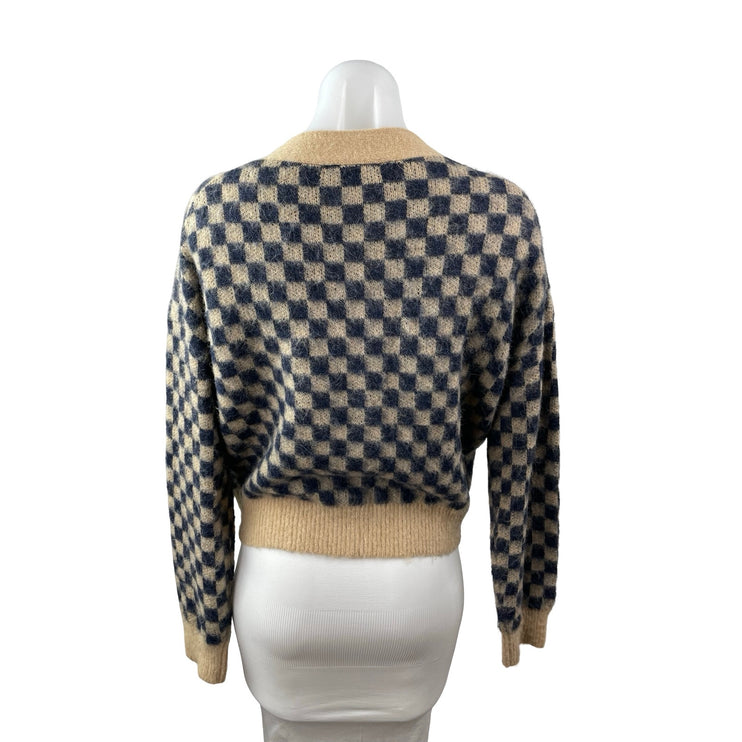 J.Crew Black Beige Checkered Wool Alpaca V Neck Cropped Cardigan Sweater Top S