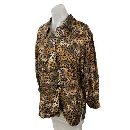 Vintage Lady Bear 100% Silk Animal Print Long Sleeve Button Down Shirt Top Sz M