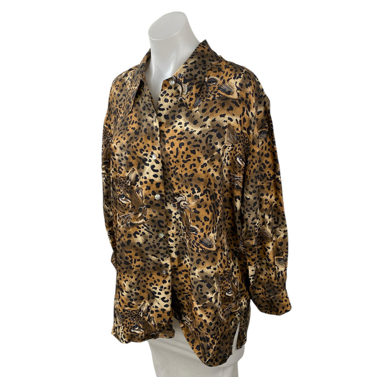 Vintage Lady Bear 100% Silk Animal Print Long Sleeve Button Down Shirt Top Sz M