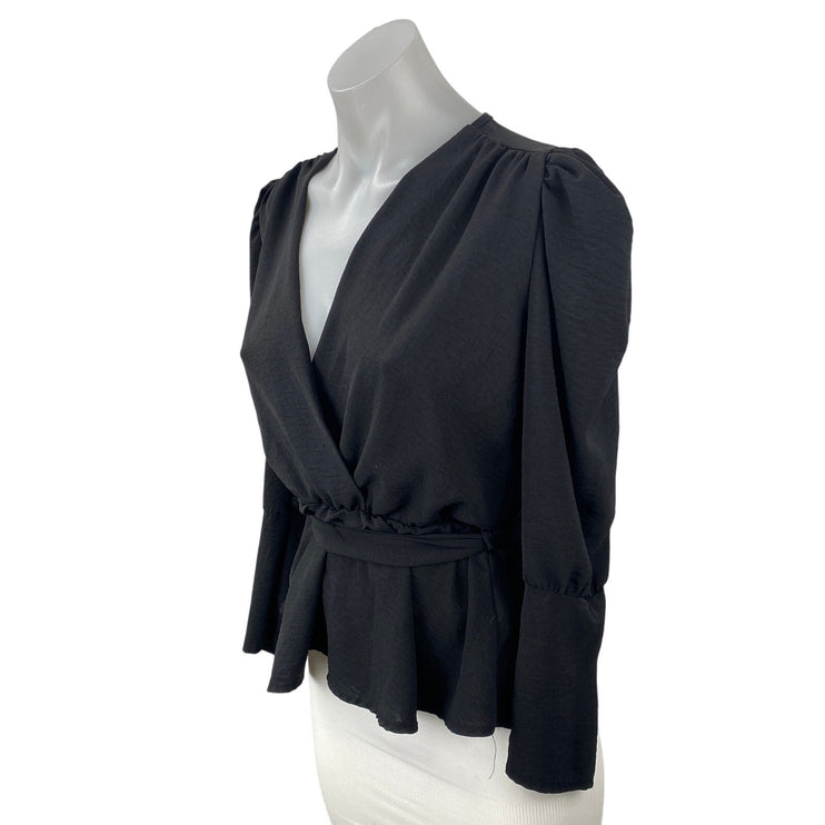 Boohoo Women's Black Long Puff Sleeve V Neck Faux Wrap Peplum Blouse Top Size S