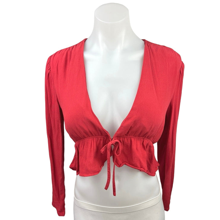 Aritzia Red Deep V-Neck Tie Front Long Sleeve Ruffle Peplum Crop Top Blouse Sz S