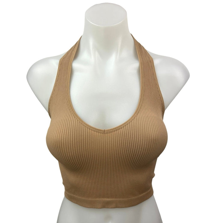 Aritzia Sunday Best Tan Brown Ribbed Scoop Neck Halter Open Back Crop Tank Top S