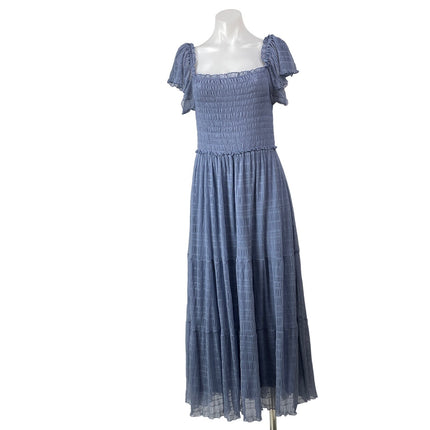 Max Studio Women's Blue Short Flutter Sleeves Mesh Tiered Smocked Midi Dress M