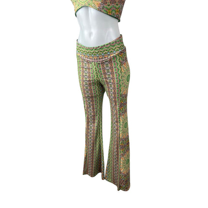 Wolven Fauna Green Mandala Sleeveless Crop Tank Top Flare Trousers Pants Set L