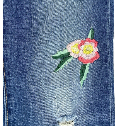 Old Navy Boyfriend Skinny Girls Blue Floral Embroidered Straight Denim Jeans 14