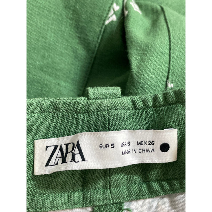 Zara Women's Green White Linen Embroidered High Rise Crop Wide Leg Trousers S