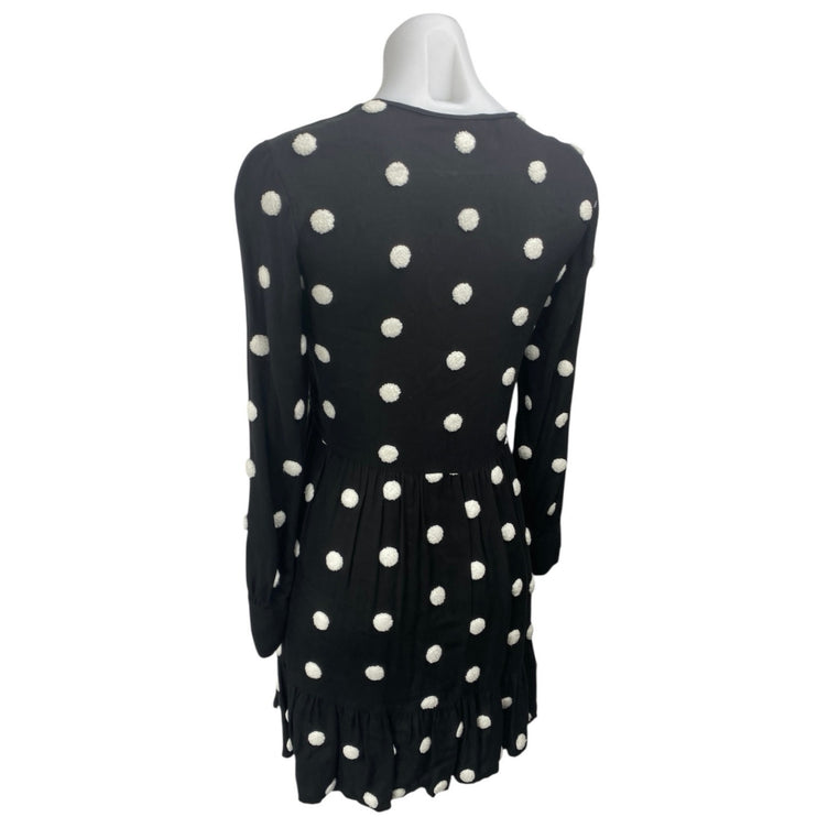 Zara Black Embroidered Polka Dot V-Neck Long Sleeve Mini A-Line Dress Size XS