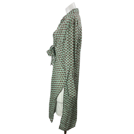Zara Green Brown Geometric Chevron Tie Slit Midi Cover Up Shirt Dress Size S