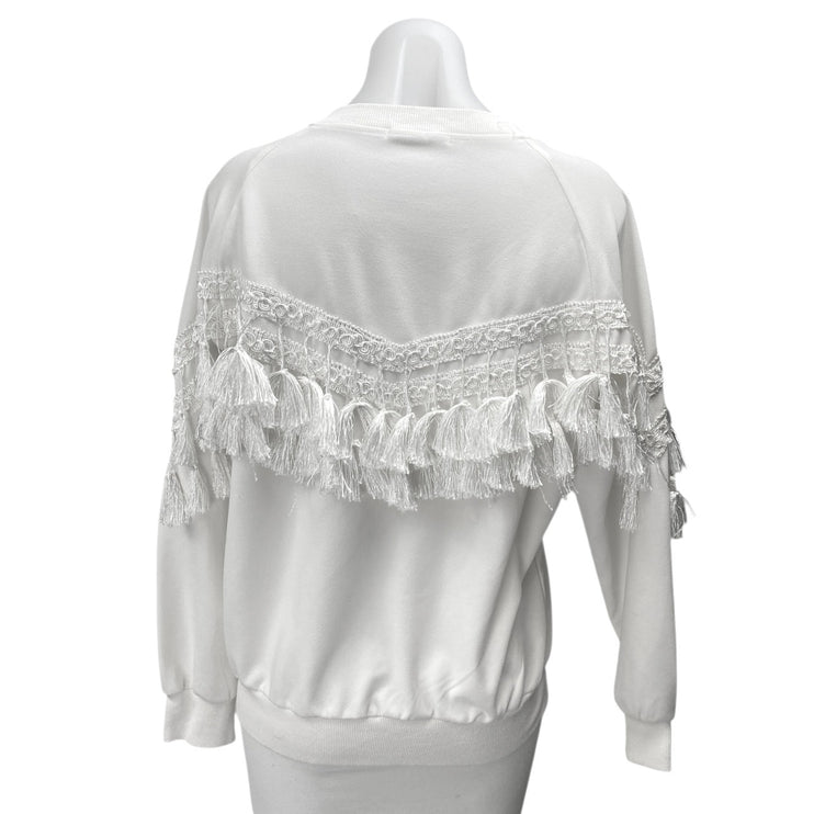 Vera & Lucy Women's White Tassels Fringe Long Sleeve Sweatshirt Sweater Top Sz M
