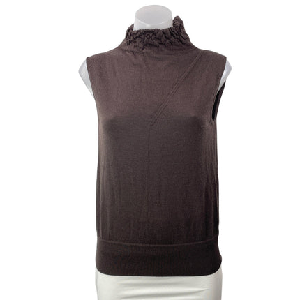 REISS 100% Wool Brown Sleeveless Knit Crinkled Mock Neck Sweater Vest Top Size S