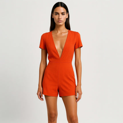 Superdown Orange Short Sleeve Plunging V-Neck One Piece Romper Shorts Size S