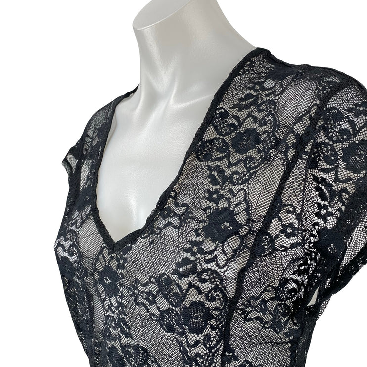 Gap Women's Black Floral Lace Sheer Short Cap Sleeve V Neck Blouse Top Size M