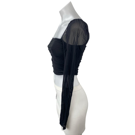 Princess Polly Black Sheer Mesh Ruched Square Neck Long Sleeve Crop Blouse Top 4