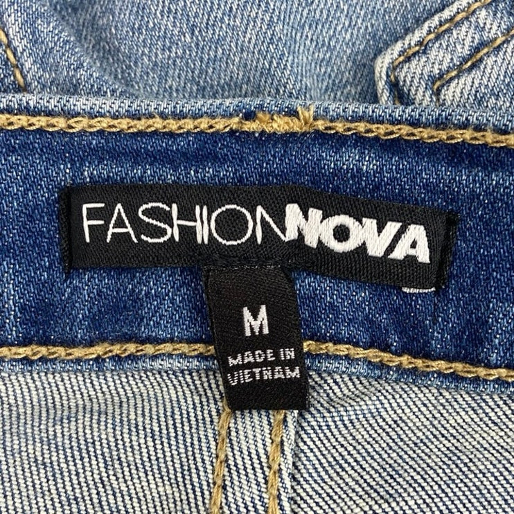 Fashion Nova Blue Denim Mid Rise Distressed Frayed Raw Hem Jean Walk Shorts Sz M