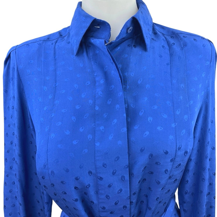 Vintage Oleg Cassini Blue 100% Silk Satin Collar Button Tie Waist Blouse Top 6