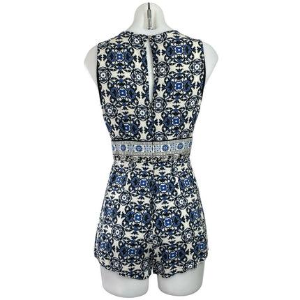 Forever 21 Blue Sleeveless Plunge Pattern Resort Beach Wear Romper Shorts Size S