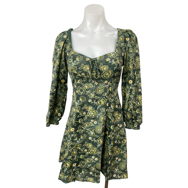 J.Crew Green Floral Long Sleeve Square Neck Mini Fit & Flare A-Line Dress Size 2