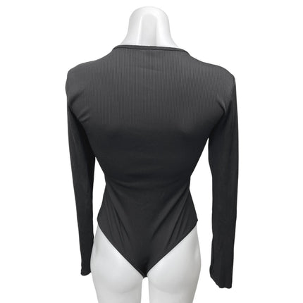 Free People Women's Black Rib Knit Scoop Neck Long Sleeve Bodysuit Top Size S