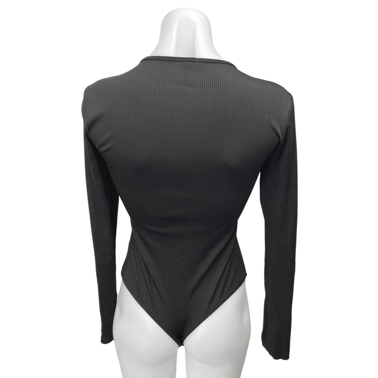 Free People Women's Black Rib Knit Scoop Neck Long Sleeve Bodysuit Top Size S