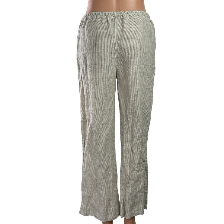 Brandy Melville 100% Linen Green Striped Dawstring Wide Leg Trousers Pants Sz S