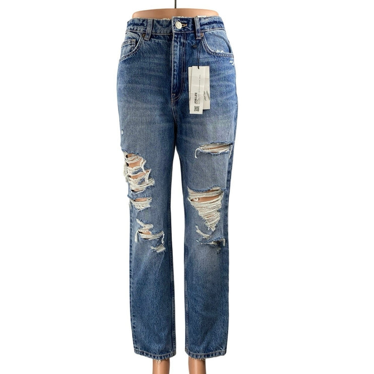 NEW Zara Women's Blue Distressed High Waisted Straight Leg Denim Jeans Size 4