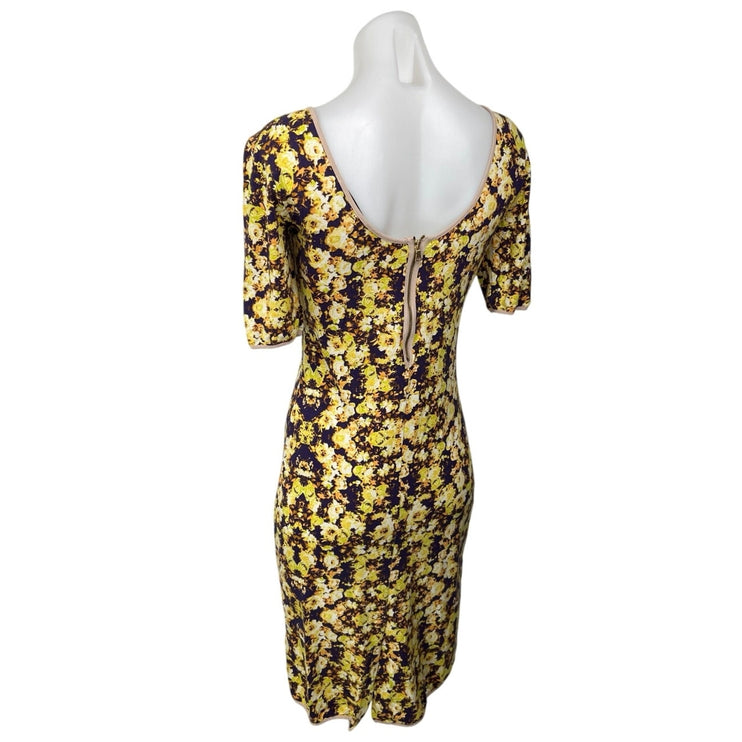 Sam & Lavi Yellow Multicolor Floral Short Sleeve Midi Bodycon Sheath Dress S