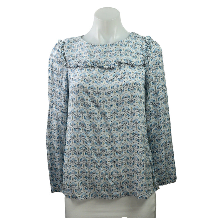 Ann Taylor LOFT Blue Mosaic Floral Long Sleeve Ruffle Crewneck Blouse Top MP