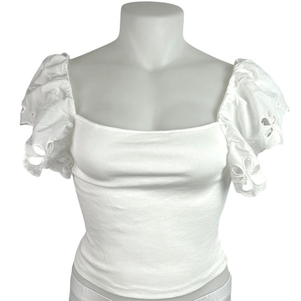 NEW H&M White Ribbed Knit Flutter Sleeve Floral Embroidered Blouse Top Size XL