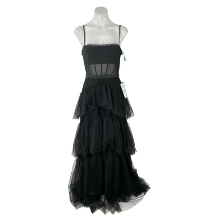NEW Betsy & Adam Black Sleeveless Sheer Ruffle Tiered Prom Maxi Dress Gown 4