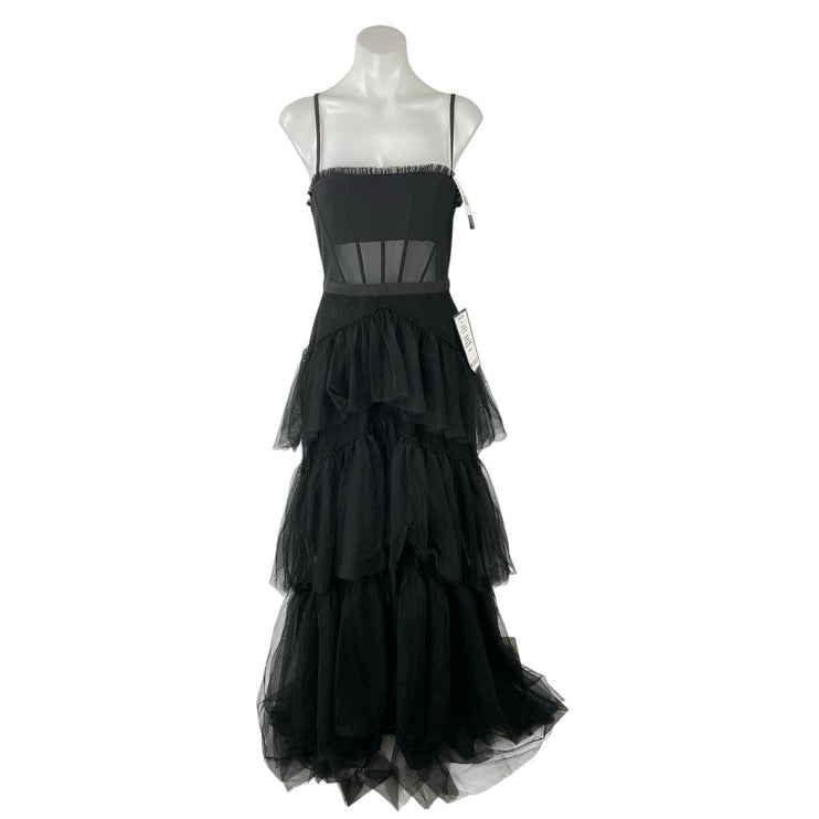 NEW Betsy & Adam Black Sleeveless Sheer Ruffle Tiered Prom Maxi Dress Gown 4