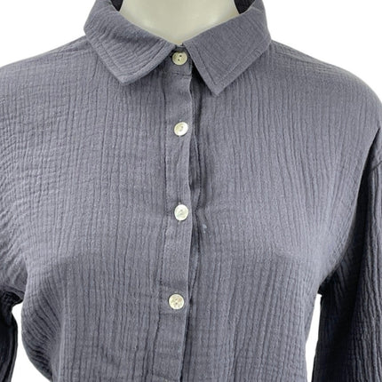 Princess Polly Women's Navy Blue Crinkle Long Sleeve Button Down Shirt Top Sz S