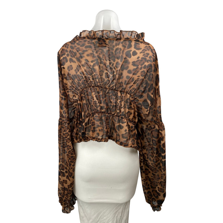 Sndys Women's Tan Brown Leopard Animal Print Ruffle Peplum Blouse Top Size 4