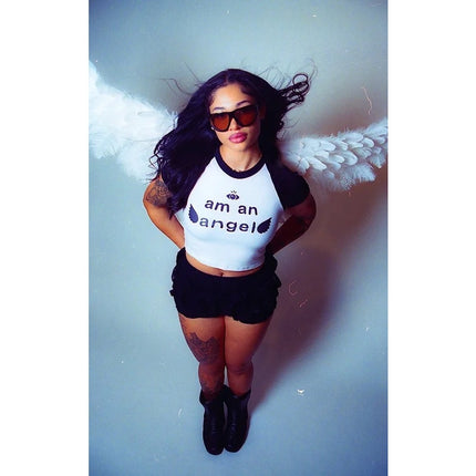 Los Angeles Apparel Black White Am An Angel Crop Baby Tee T Shirt Top Size S